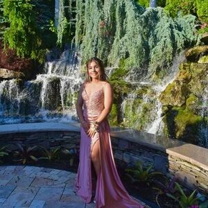 rose gold prom dress, long train, slit, built in bra, worn once, no damage